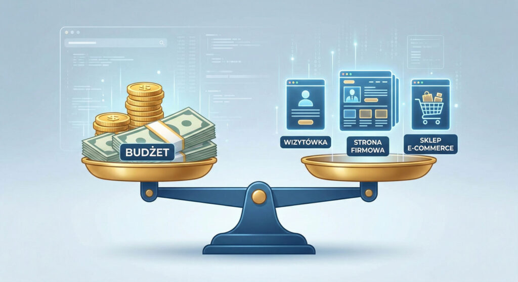 Waga szalkowa porównująca budżet do rodzaju strony: wizytówka, strona firmowa, sklep e-commerce.