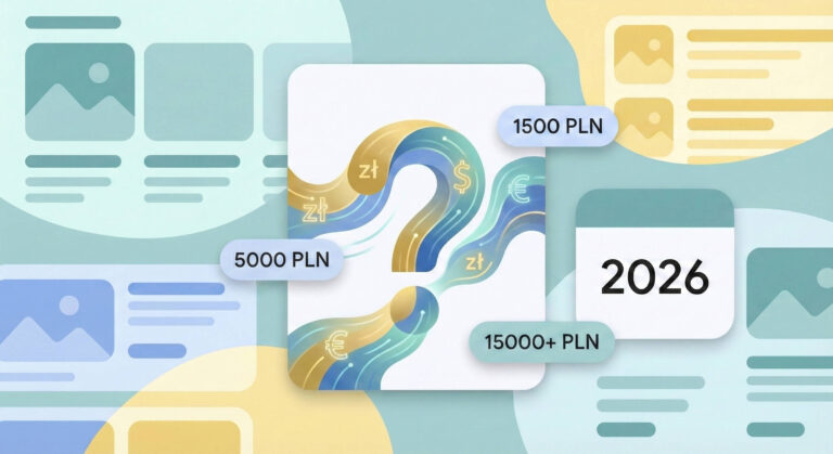 Ilustracja w stylu Material Design przedstawiająca cennik stron internetowych na rok 2026