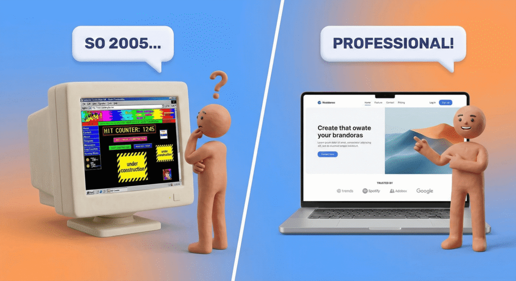 Grafika 3D przedstawiająca kontrast technologiczny: po lewej stary, gruby monitor CRT wyświetlający chaotyczną stronę z lat 90., a po prawej nowoczesny laptop z czystym, minimalistycznym projektem witryny.