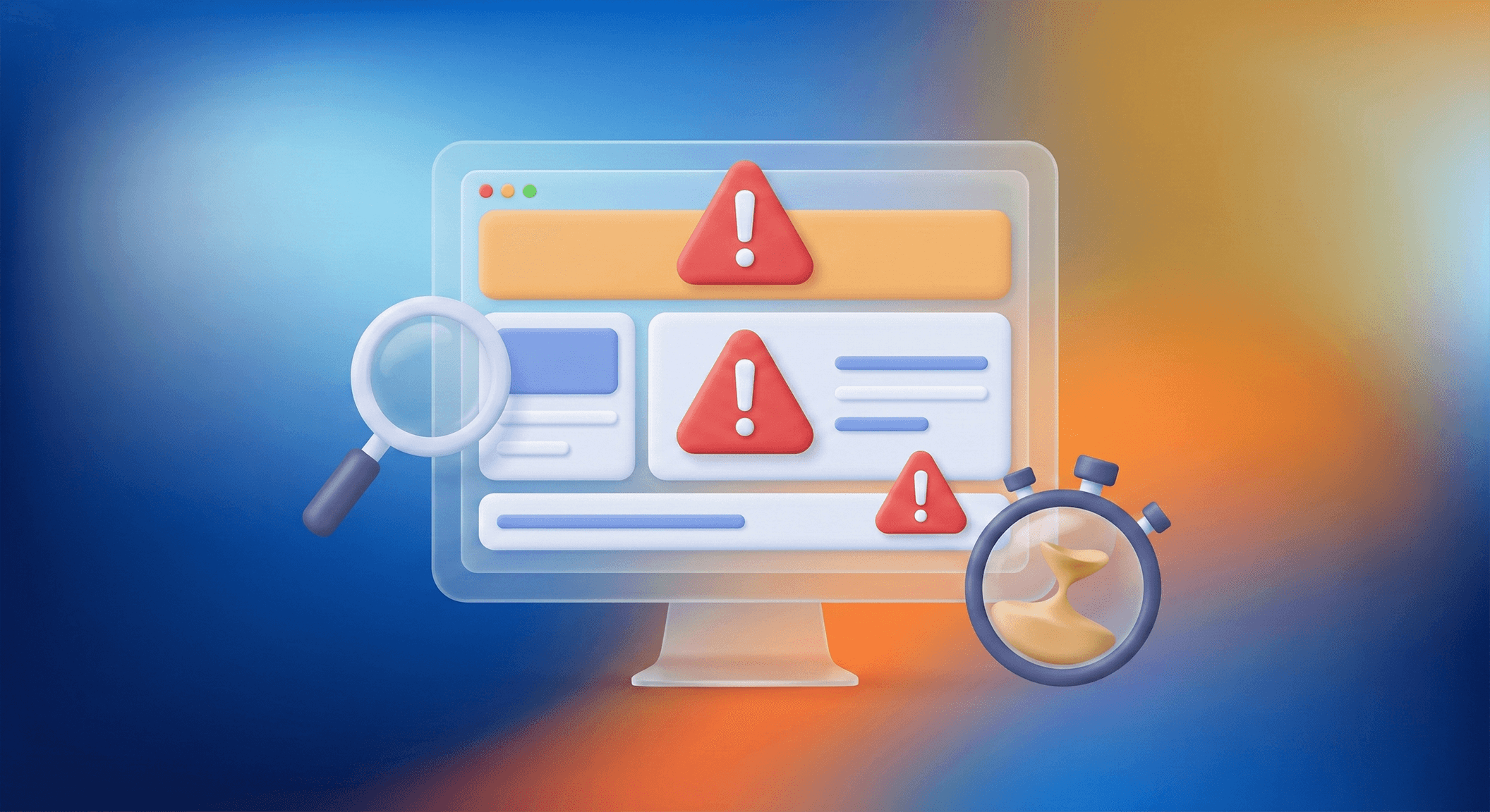 bstrakcyjna grafika 3D w stylu glassmorphism przedstawiająca monitor z błędami na stronie, lupę i stoper na tle w kolorach niebiesko-fioletowo-pomarańczowym.
