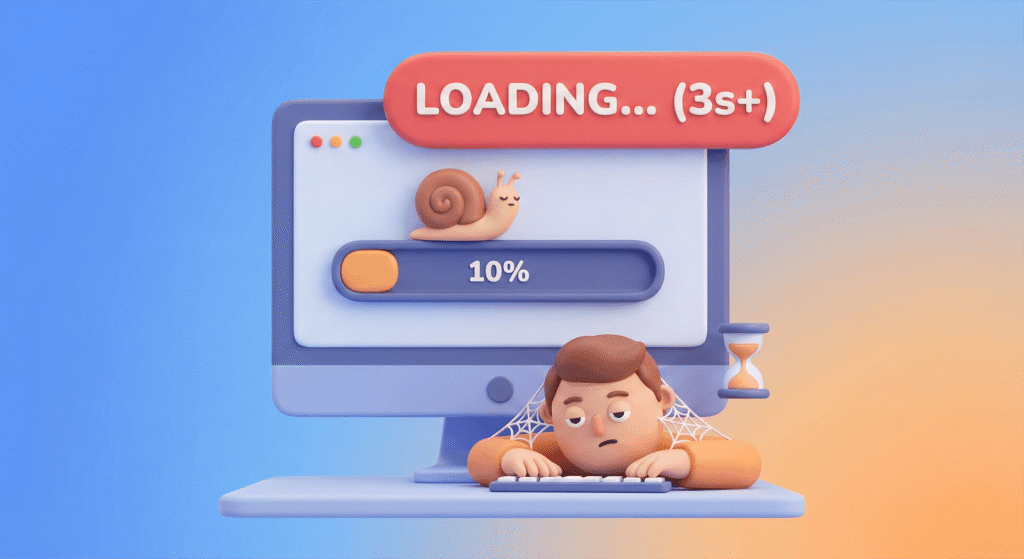Ilustracja 3D w stylu plasteliny przedstawiająca wolno ładującą się stronę internetową. Na ekranie widać pasek postępu ze ślimakiem i ostrzeżeniem "LOADING... (3s+)", a przed klawiaturą siedzi znudzona postać pokryta pajęczynami.