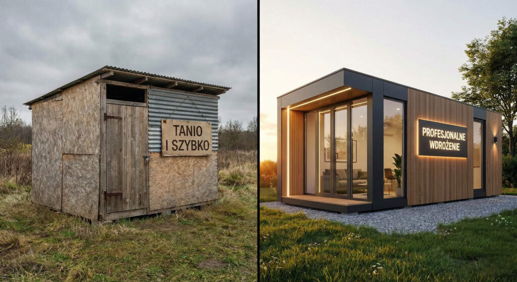 Porównanie taniej strony internetowej (szopa) z profesjonalnym wdrożeniem (nowoczesny dom).